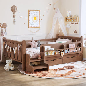 English Elm Twin Pine Floor Bed with Guardrails Built-in Bookcases and Stair Steps for Kids Natural W1580P430200