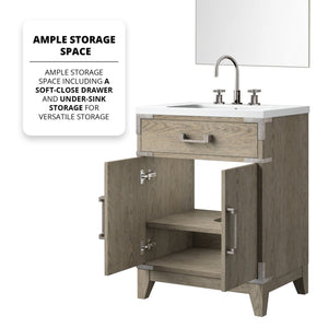 English Elm Grey Oak Single Bath Vanity 24"W x 18"D with Acrylic Countertop, 18" Mirror & Chrome Faucet Set — Durable, Hand-Finished Appearance B2731S02001