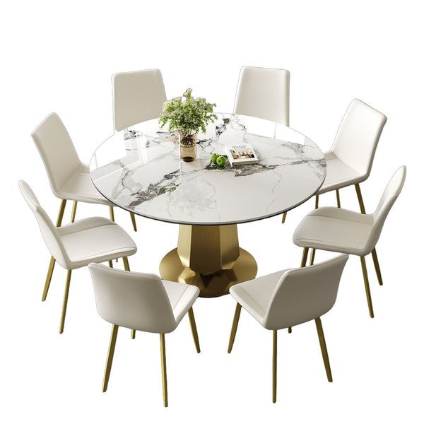 English Elm 53 Inch Round Smoked Glass Dining Table with Gold Steel Base Seats Eight W2700S00092