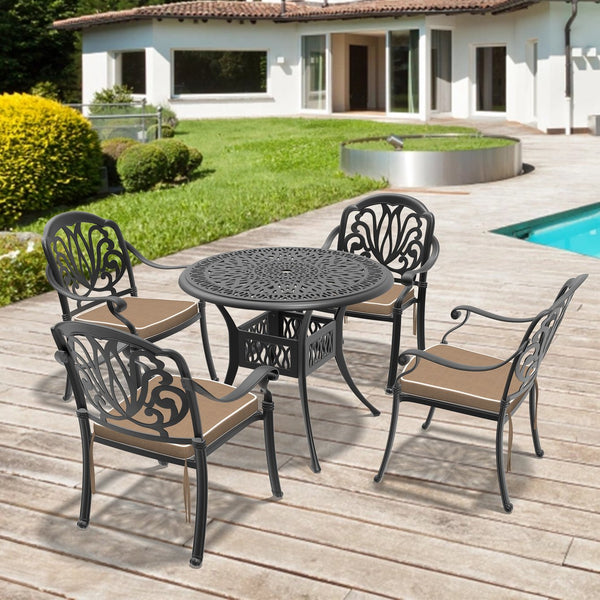 English Elm 5-Piece Cast Aluminum Patio Dining Set With Brown Cushions – Stylish, Durable, And Space-Saving! W1710S00050
