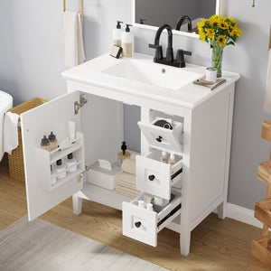 English Elm 30 Inch Bathroom Vanity with Ceramic Sink and 3 Smooth-Glide Drawers, Modern Moisture-Resistant Storage White N710P252105K