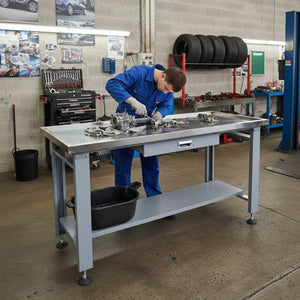 English Elm 59" Stainless Steel Mechanic Teardown Table with Drain Hole and 1000 Lb Capacity W5675S00001