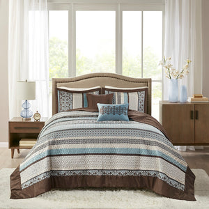 English Elm 5 Piece Princeton Reversible Jacquard Quilt Set Blue Full/Queen - Chocolate Base, Medallion, Embroidered Pillows, Luxe Texture B03597539