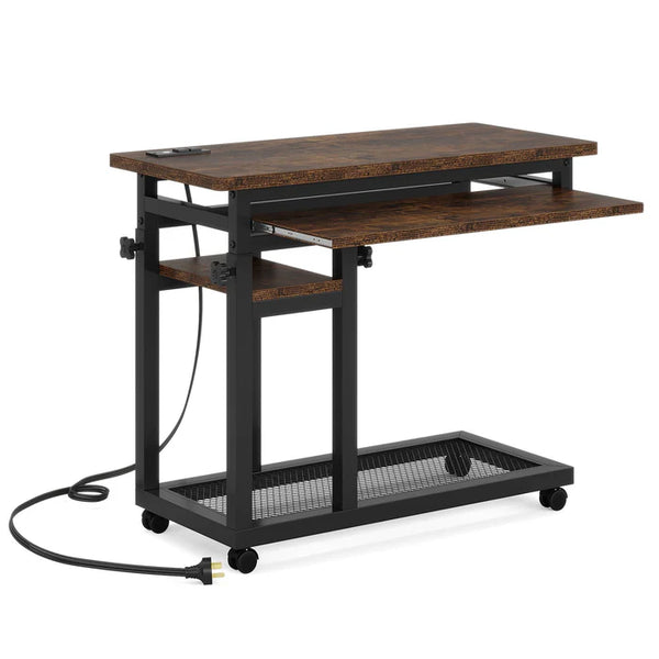 English Elm Side Rolling C Table with Adjustable Height Keyboard Tray and Built in Charging Outlet T3971P448106