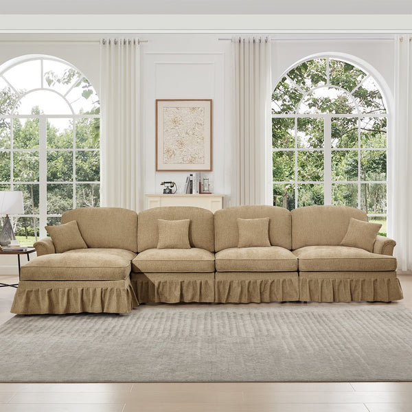 English Elm Classic Modular Chenille Sectional Couch - L-Shaped, Flared Arms, Removable Skirts & Movable Ottoman W3041S00250