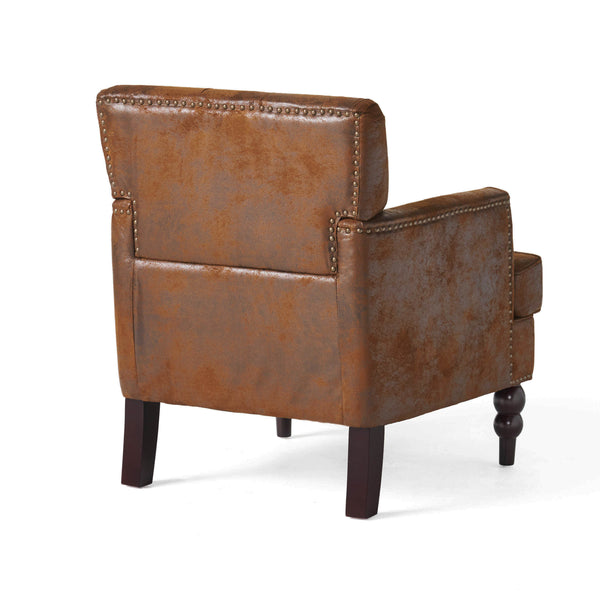 English Elm Brown Microfiber Club Chair with Tufted Back Nailhead Trim and Rubberwood Legs N758P438153B
