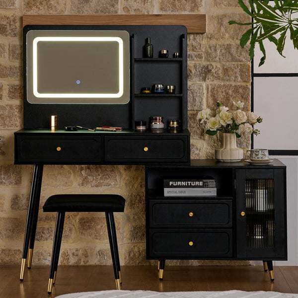 English Elm Modern Makeup Vanity Desk with LED 3-Color Mirror, Built-In Power Station, Sliding Cabinet, Stool Black N844P288432B