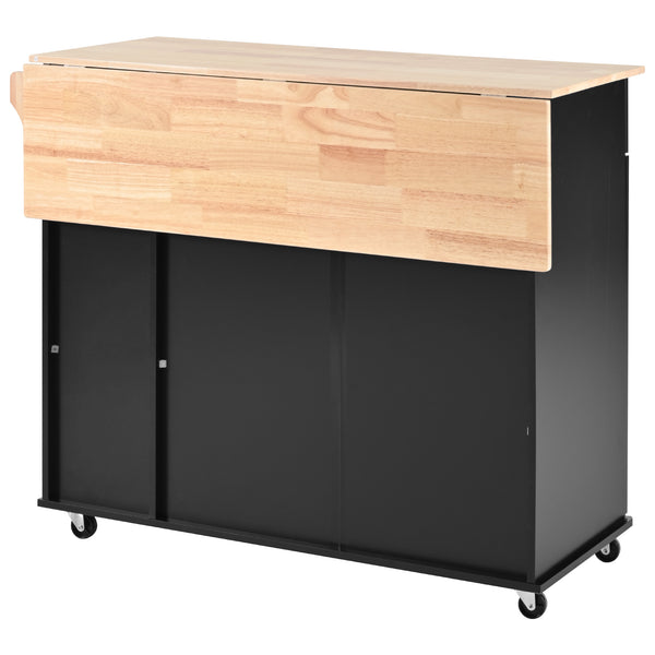 English Elm K&K Kitchen Island with Drop Leaf, Rolling Storage Cart with 3-Tier Pull-Out Organizer, Durable Wood Countertop Black WF531421AAB