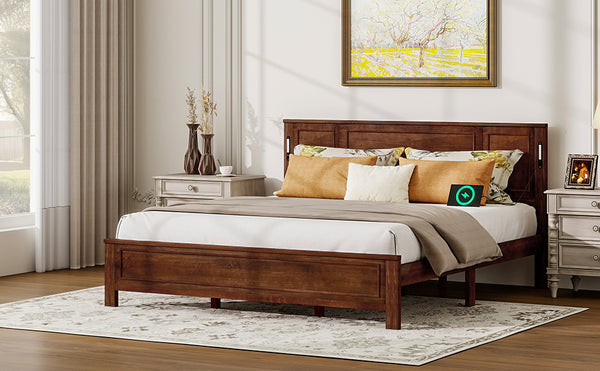 English Elm King Pine Wood Platform Bed with Led Lighting Usb Charging Tall Panel Headboard Walnut W504S00275