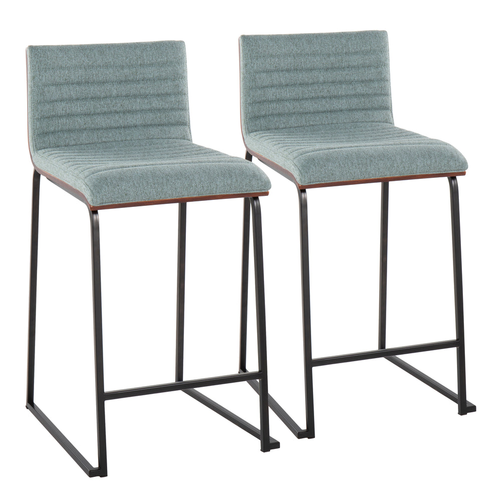 English Elm Mason Mara 26" Stylish Counter Stools Set Of 2 In Black Metal, Walnut Wood & Green Fabric Upholstery B202P222073