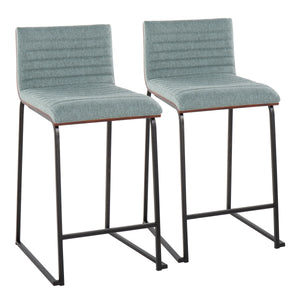 English Elm Mason Mara 26" Stylish Counter Stools Set Of 2 In Black Metal, Walnut Wood & Green Fabric Upholstery B202P222073