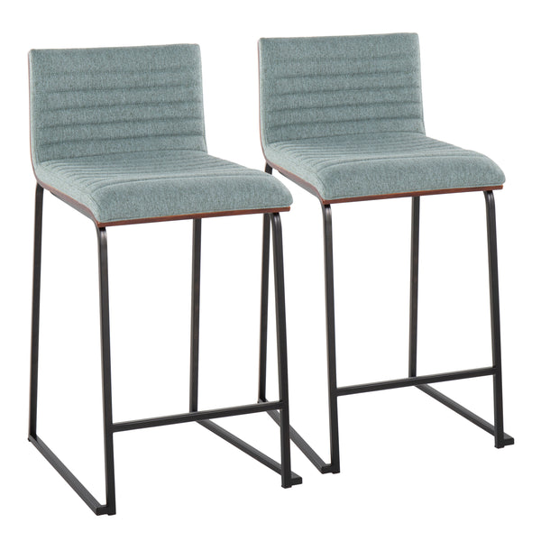 English Elm Mason Mara 26" Stylish Counter Stools Set Of 2 In Black Metal, Walnut Wood & Green Fabric Upholstery B202P222073