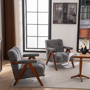 English Elm Mid-century Modern Chenille Lounge Chair Set Oak Frame Cloud Silhouette Living Room Gray W1170S00050