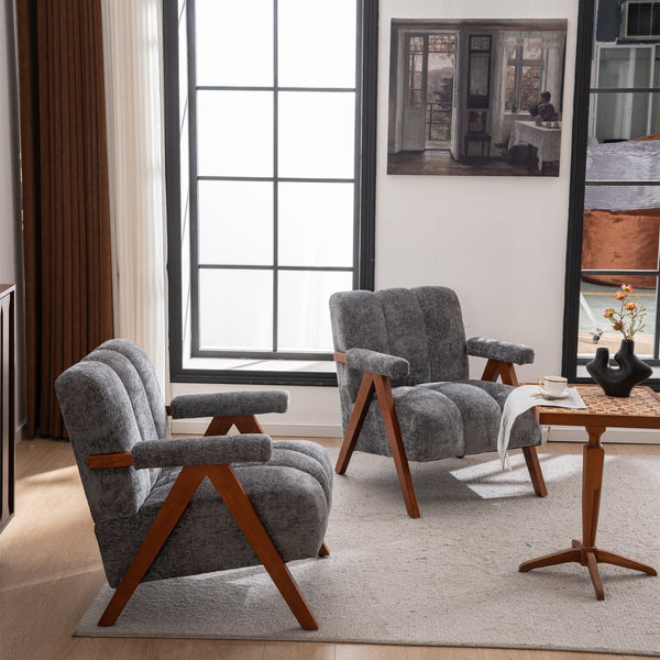 English Elm Mid-century Modern Chenille Lounge Chair Set Oak Frame Cloud Silhouette Living Room Gray W1170S00050