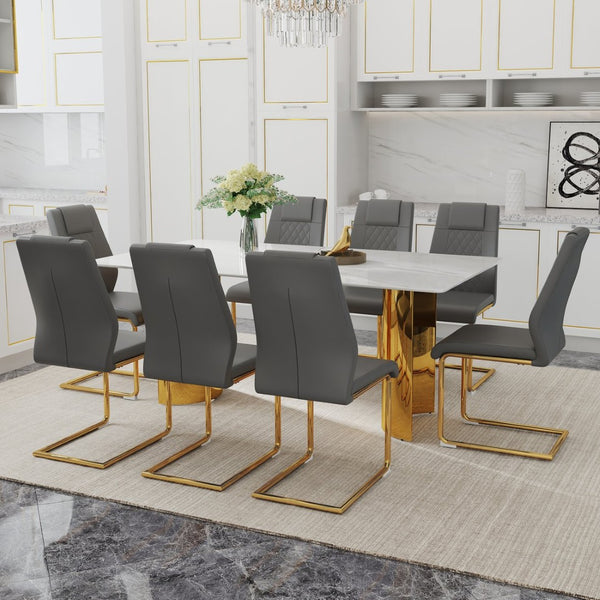 English Elm Table 9-Piece Elegant Dining Set With Glass Top, Imitation Marble, Gold Legs & Comfortable Chairs W1151S04350-GIGA