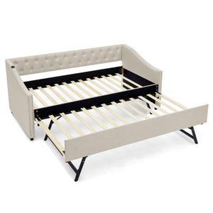 English Elm Twin Daybed with Pull Out Trundle Usb Charging Tufted Upholstered Sofa Guest Bed Beige W1413S00156