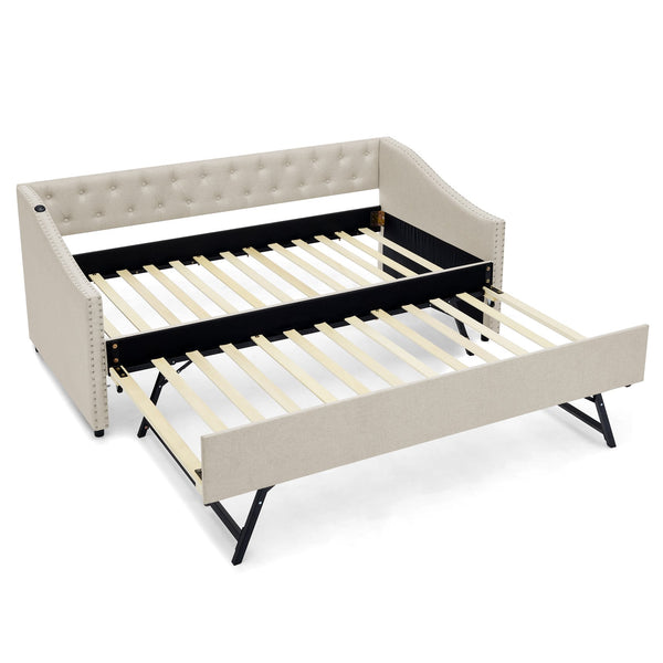 English Elm Twin Daybed with Pull Out Trundle Usb Charging Tufted Upholstered Sofa Guest Bed Beige W1413S00156