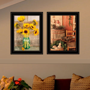English Elm "vintage Sunflower Country Framed Art Two Piece Set with Matte Black Wood Border B06787156