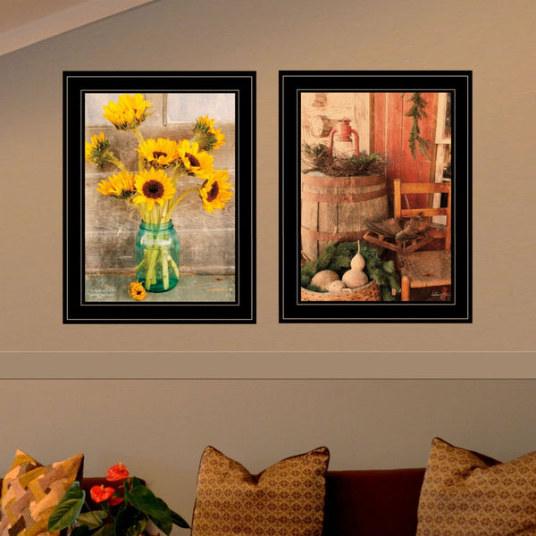 English Elm "vintage Sunflower Country Framed Art Two Piece Set with Matte Black Wood Border B06787156