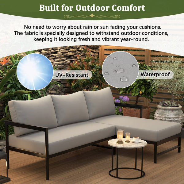 English Elm U_style Outdoor L-shaped Sectional Iron Frame Patio Sofa with Thick Foam Cushions Gray WY000480AAE