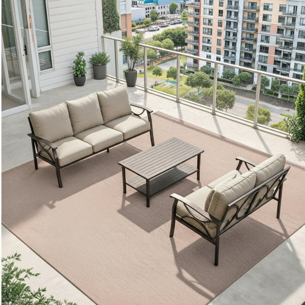 English Elm 3-piece Outdoor Steel Patio Conversation Set with Thick Cushions and Coffee Table Beige B082S00123