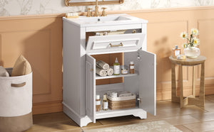 English Elm 24" Matte Single Sink Vanity Solid Poplar Frame Gold Hardware Soft Close Cabinet White N710P389449K