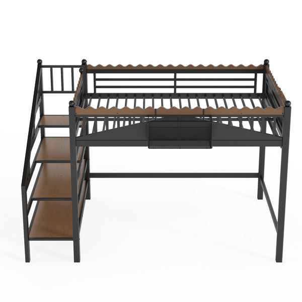 English Elm Twin Xl Metal Loft Bed with Stair Storage Shelves Sturdy Steel Frame for Dorms W1580S00379