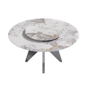English Elm 59.05" Round Marble Dining Table - Elegant Silver Base, Durable White Sintered Stone, Seats 6-8 W1535S00464