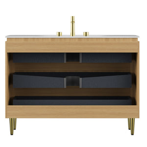English Elm AMARA 48" Bathroom Vanity with Integrated Sintered Stone Basin, Pre-Assembled Plywood Cabinet, 3 Drawers, Motion Light Carrara White,Light Oak W2615P346340