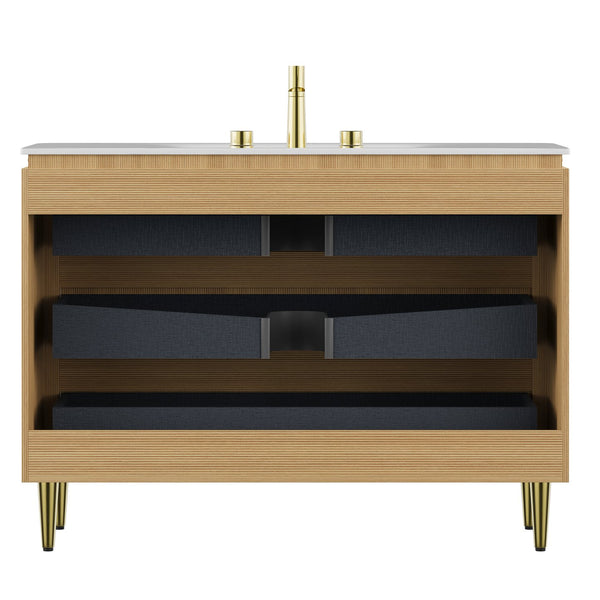 English Elm AMARA 48" Bathroom Vanity with Integrated Sintered Stone Basin, Pre-Assembled Plywood Cabinet, 3 Drawers, Motion Light Carrara White,Light Oak W2615P346340