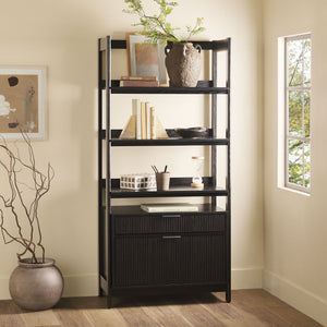 English Elm Walker Edison - Transitional Wide Reeded Bookshelf with Drawers on Bottom for Home Office, Spacious Shelving & Storage Black 75.25 L x 20.63 W x 7 H B185P200187
