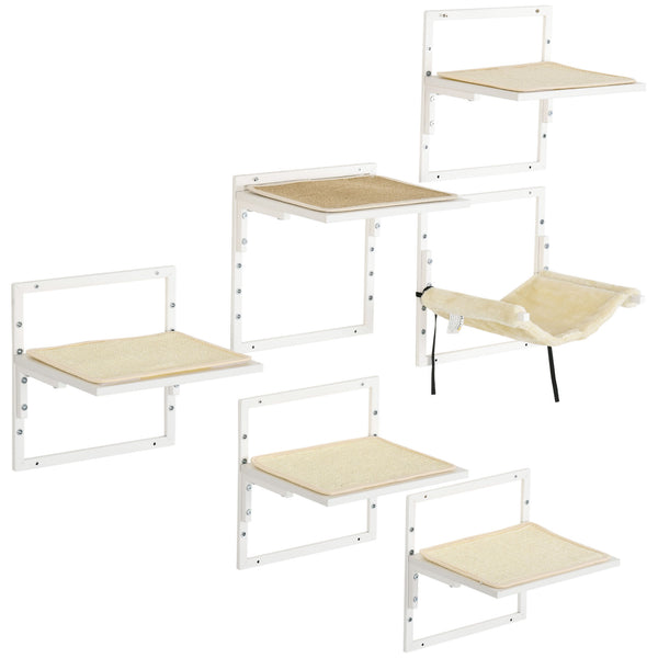 English Elm Pawhut 6 Piece Wall Mounted Cat Climbing Set with Plush Hammock and Grip Platforms W2225P217051