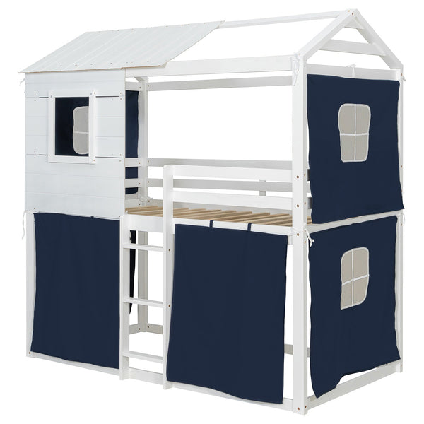 English Elm Twin Treehouse Bunk Bed Solid Pine Playhouse Frame with Cozy Canvas Tent Hideaway LT000379AAC-1
