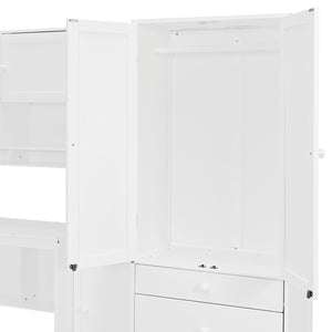 English Elm Wooden Twin Loft Bed with Built-in Desk Wardrobe Storage Drawers and Led Lighting N820S00069K