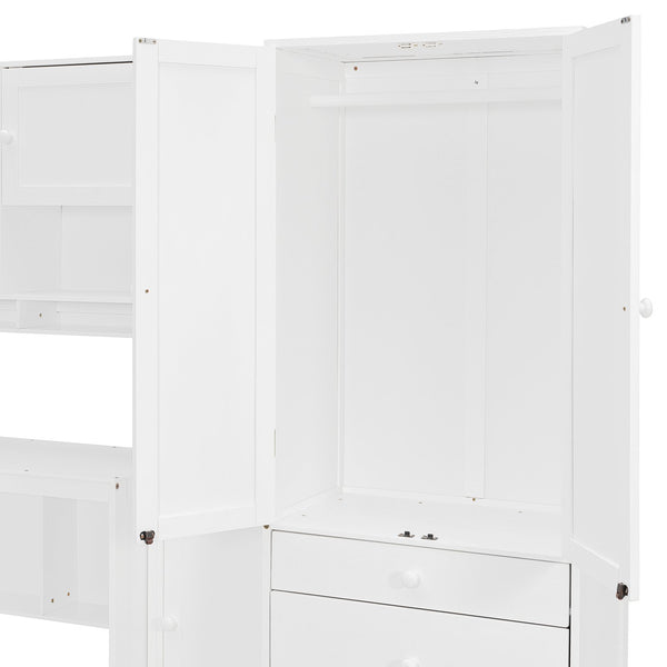 English Elm Wooden Twin Loft Bed with Built-in Desk Wardrobe Storage Drawers and Led Lighting N820S00069K