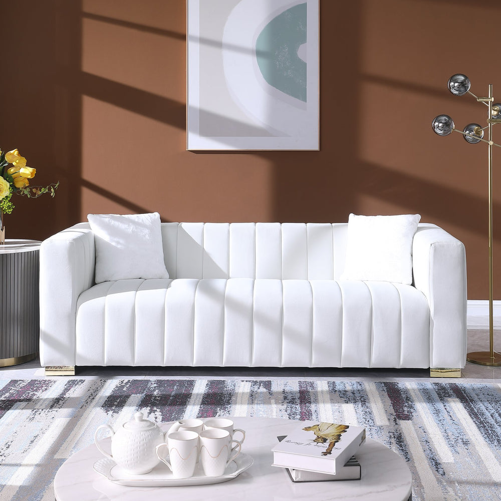 English Elm A Modern Channel Sofa - Elegant 3-Seater Chesterfield Style In White Velvet For Timeless Living Spaces W1099S00081