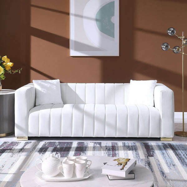 English Elm A Modern Channel Sofa - Elegant 3-Seater Chesterfield Style In White Velvet For Timeless Living Spaces W1099S00081