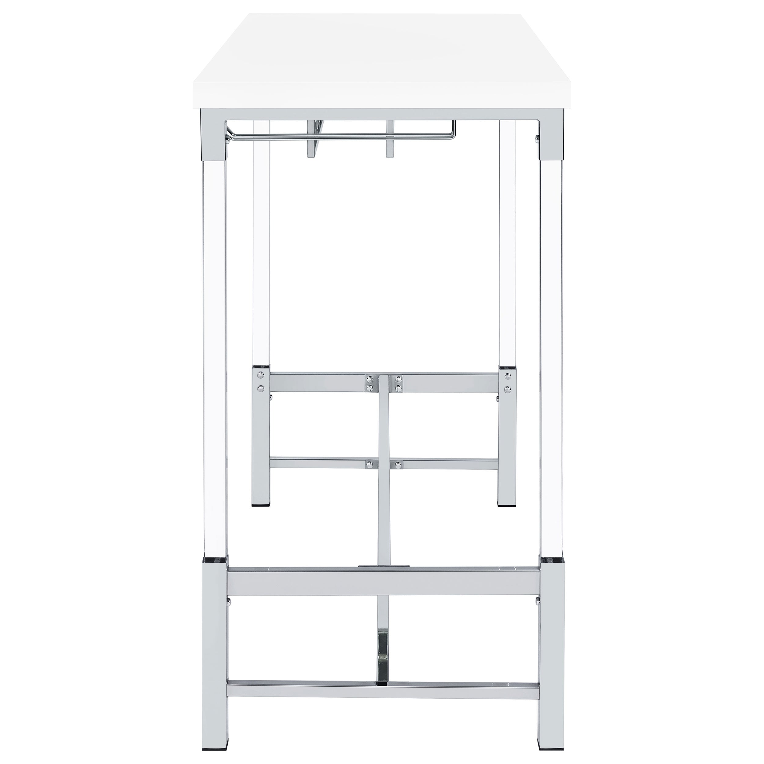 Tonneson White Acrylic Leg Bar Table With Silver Trestle, Wine Rack