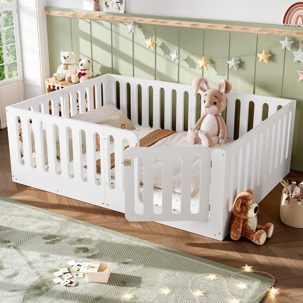 English Elm Queen Solid Pine Montessori Floor Bed for Kids with House Frame and Built-in Door Light White W5305P420638