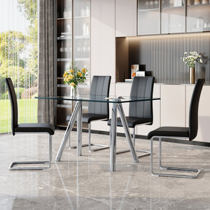 English Elm Tempered Glass Four Seat Dining Set with Chrome Sled Chairs for Modern Compact Spaces Black,Silver W3875S00044