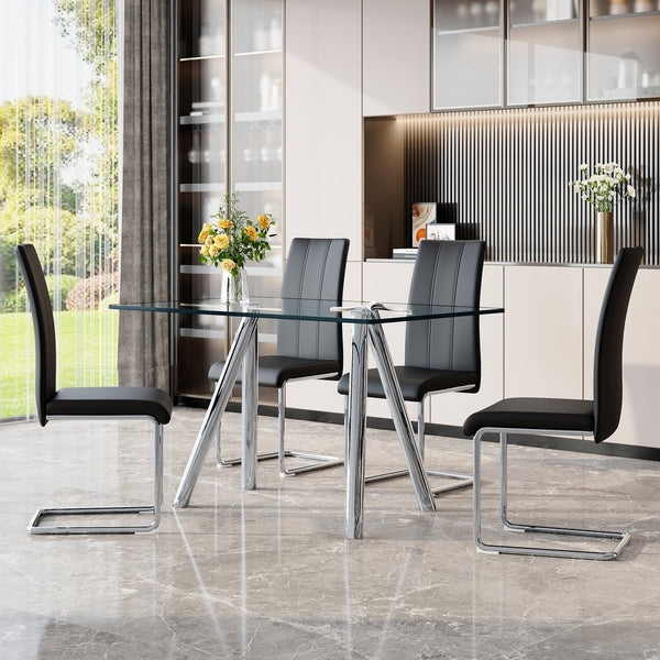 English Elm Tempered Glass Four Seat Dining Set with Chrome Sled Chairs for Modern Compact Spaces Black,Silver W3875S00044