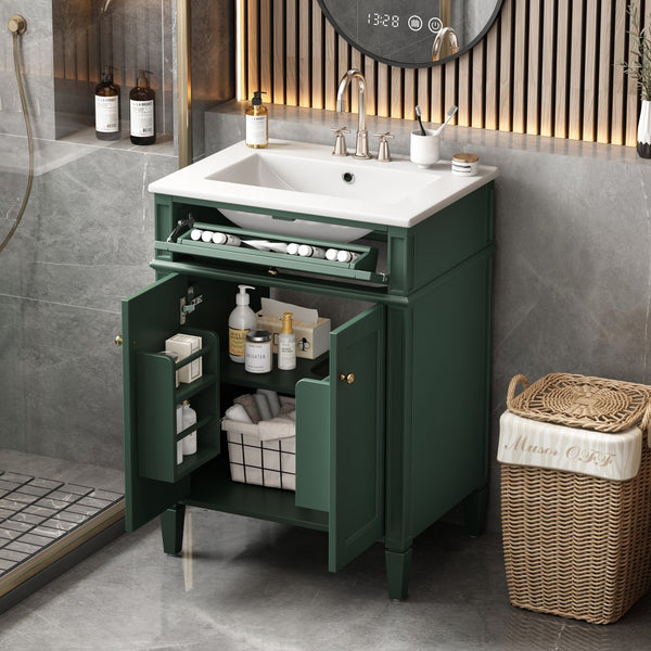 English Elm 24" Bathroom Vanity with Ceramic Basin, French-Inspired Accent Carvings, Soft-Close Doors & Storage Green N710P293309F