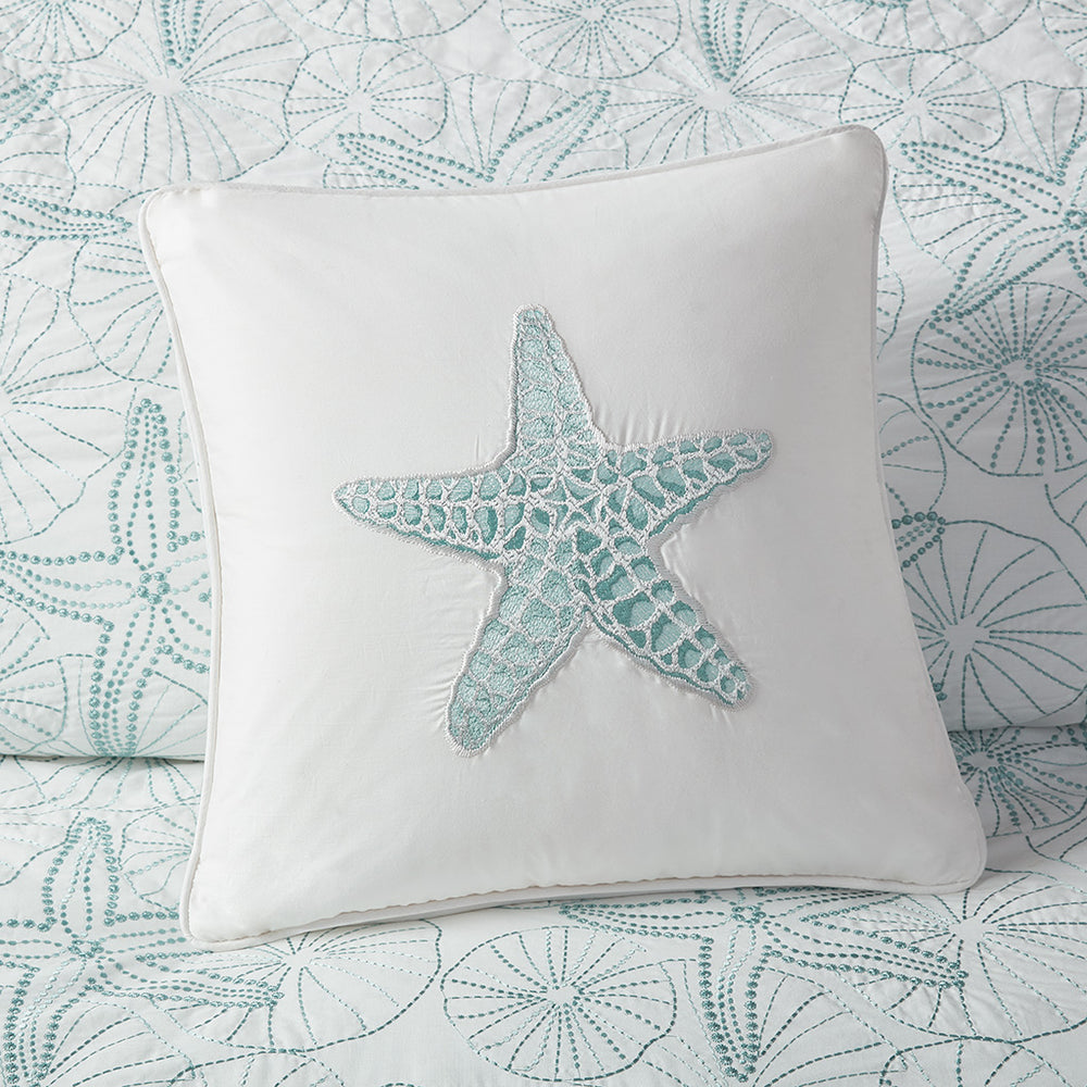 JLA Home Harbor House Blue - Square Harbor House Maya Bay Embroidered Seashell Pillow — 100% Cotton, OEKO-TEX, Coastal Chic Accent HH30-1229A