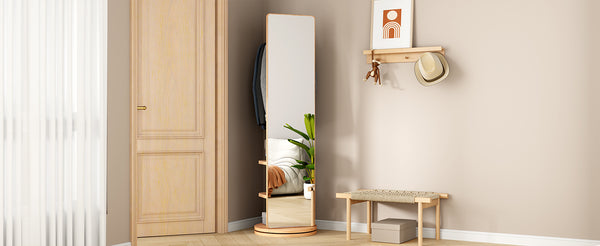 English Elm 360° Rotating Full Length Mirror Solid Wood Coat Hook Rack Freestanding Bedroom Entryway W2987P438049