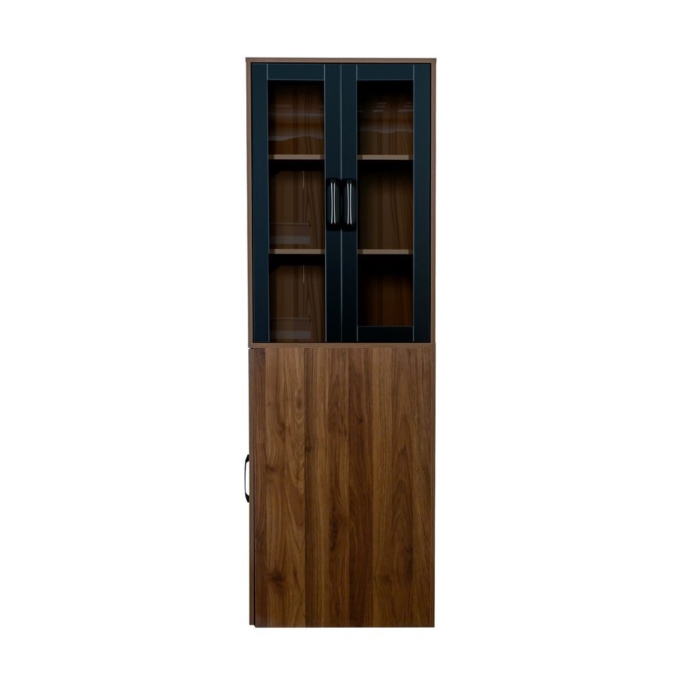 English Elm 70.87" Modern Display Storage Cabinet with 4-Tier Pull-Out Shelves, Dual Glass Doors for Home Walnut W331P295246