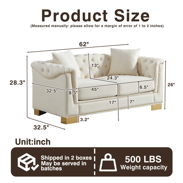 English Elm {video] Chesterfield Two-seater Velvet Sofa with Nailhead Trim and Tufted Gold Leg Luxury Beige W1926S00093