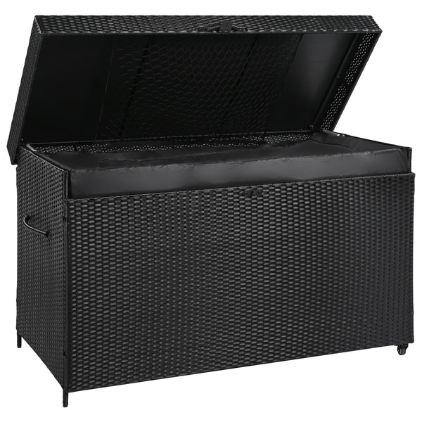English Elm K&K 200 Gallon Wicker Deck Box with Lockable Lid, Hydraulic Pistons, Wheels, Weatherproof Storage Black N707P245457B