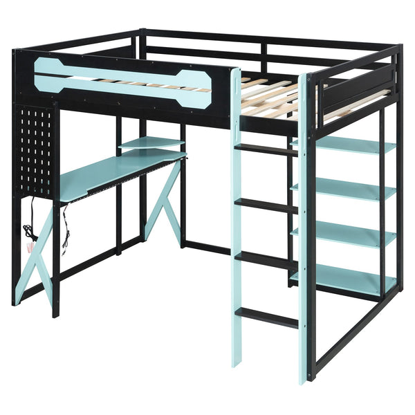 English Elm Full Size Loft Bed with Rgb Lighting Chevron Desk Usb Charging Ports and Storage Shelves Black+Blue LT000286AAC
