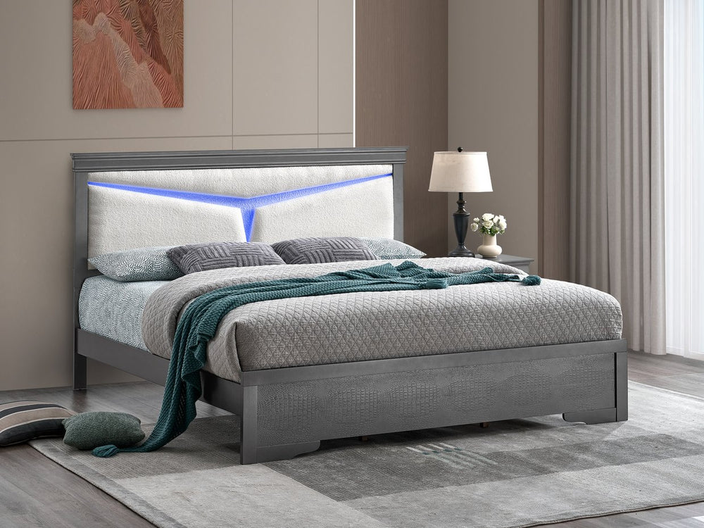English Elm Lorana Queen Upholstered Bed Plush Teddy Fabric Headboard with Built-in Led Ambient Glow Gray B078S00665