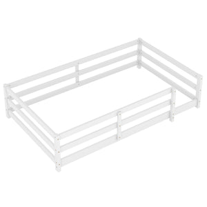 English Elm Twin Montessori Pine Floor Bed with Full Fence Rails for Kids Cozy Bedroom W1820P398987
